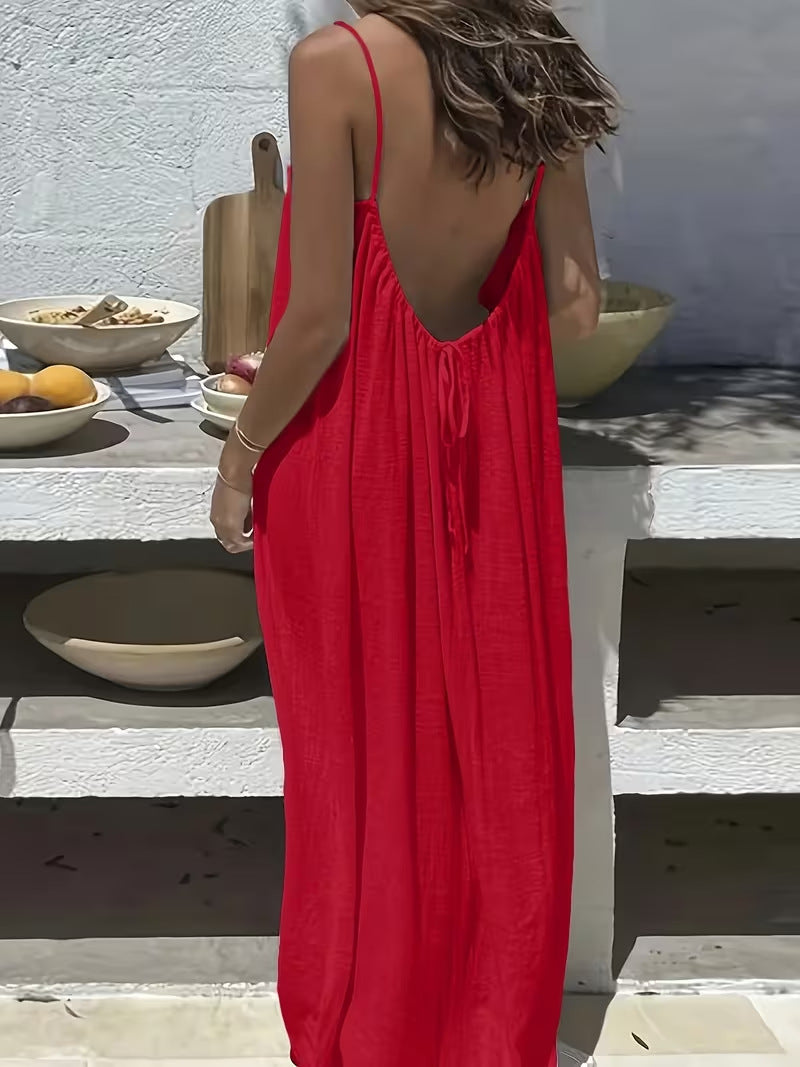 Vestido Largo Suelto Sin Mangas con Tirantes y Espalda Descubierta