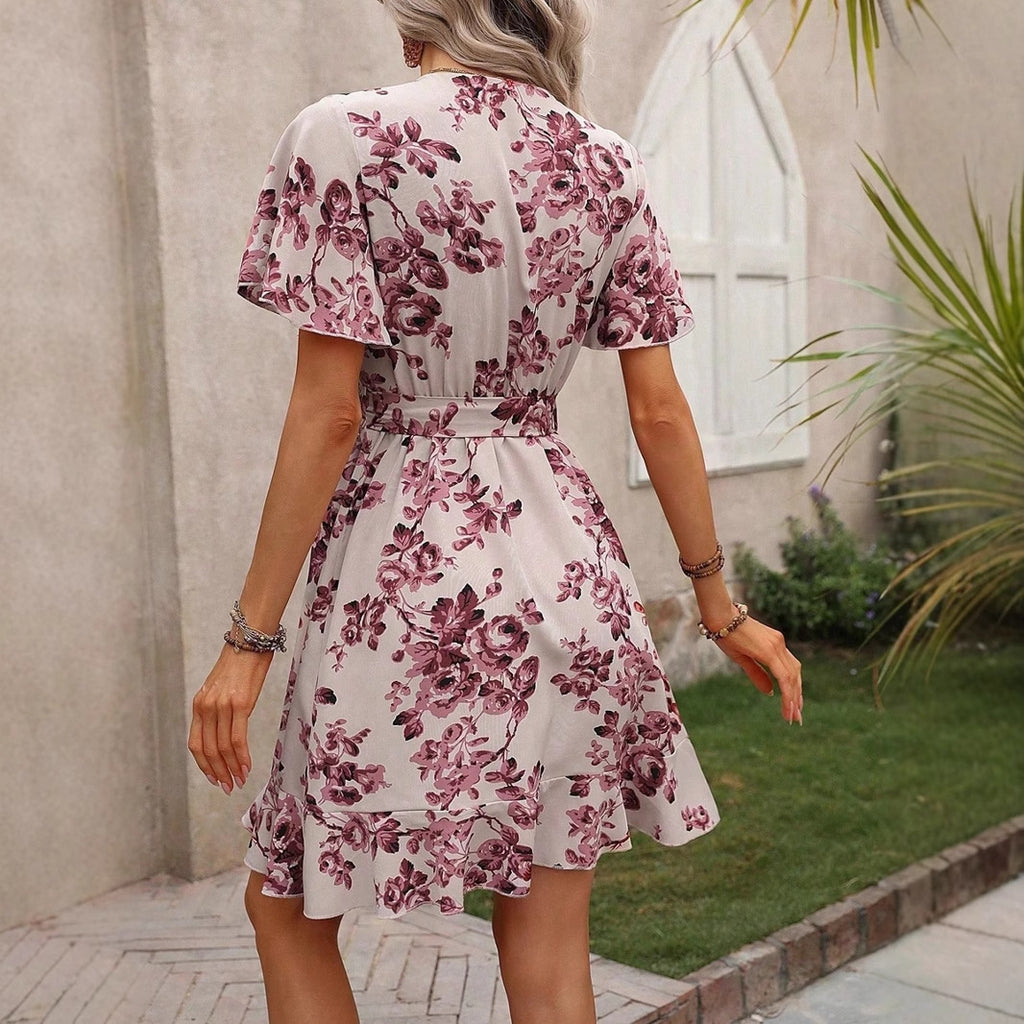 Vestido Mini de Manga Corta con Escote en V y Estampado de Lunares