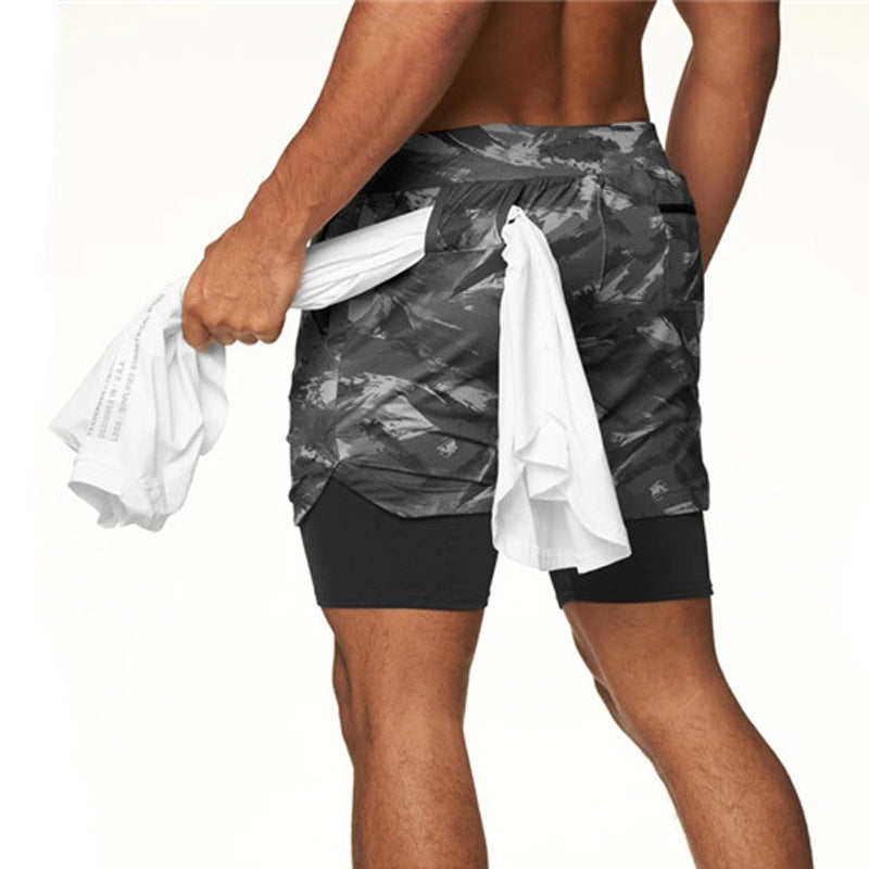 Muscle-Burning Athletic Shorts for Men, Double-Layer Color-Blocked Towel Hook Design, Breathable Solid Color Shorts
