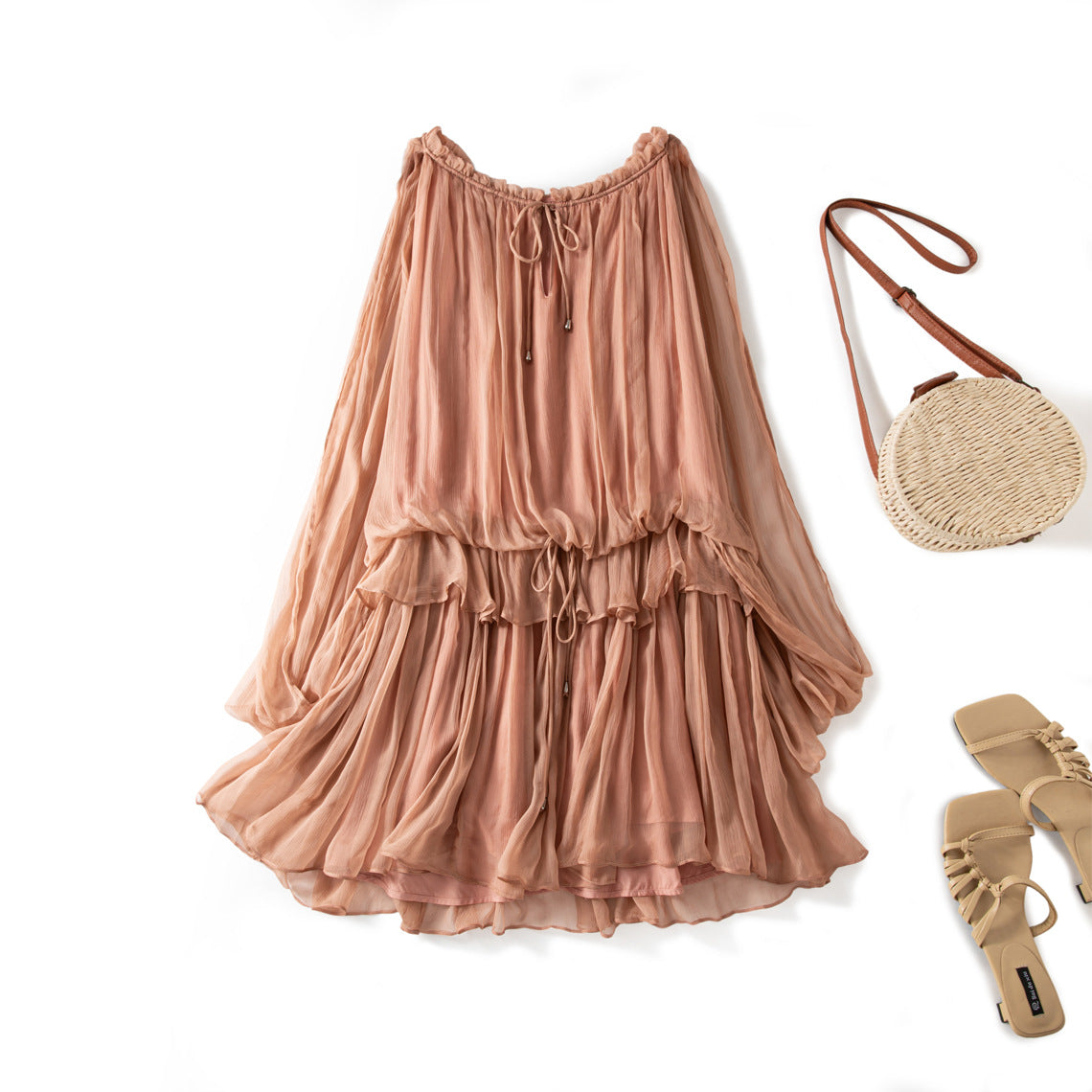 Ruffled Silk Long Sleeve Dress, Youthful Cinnamon Pink Beach Vacation Mulberry Silk Sarong Dress
