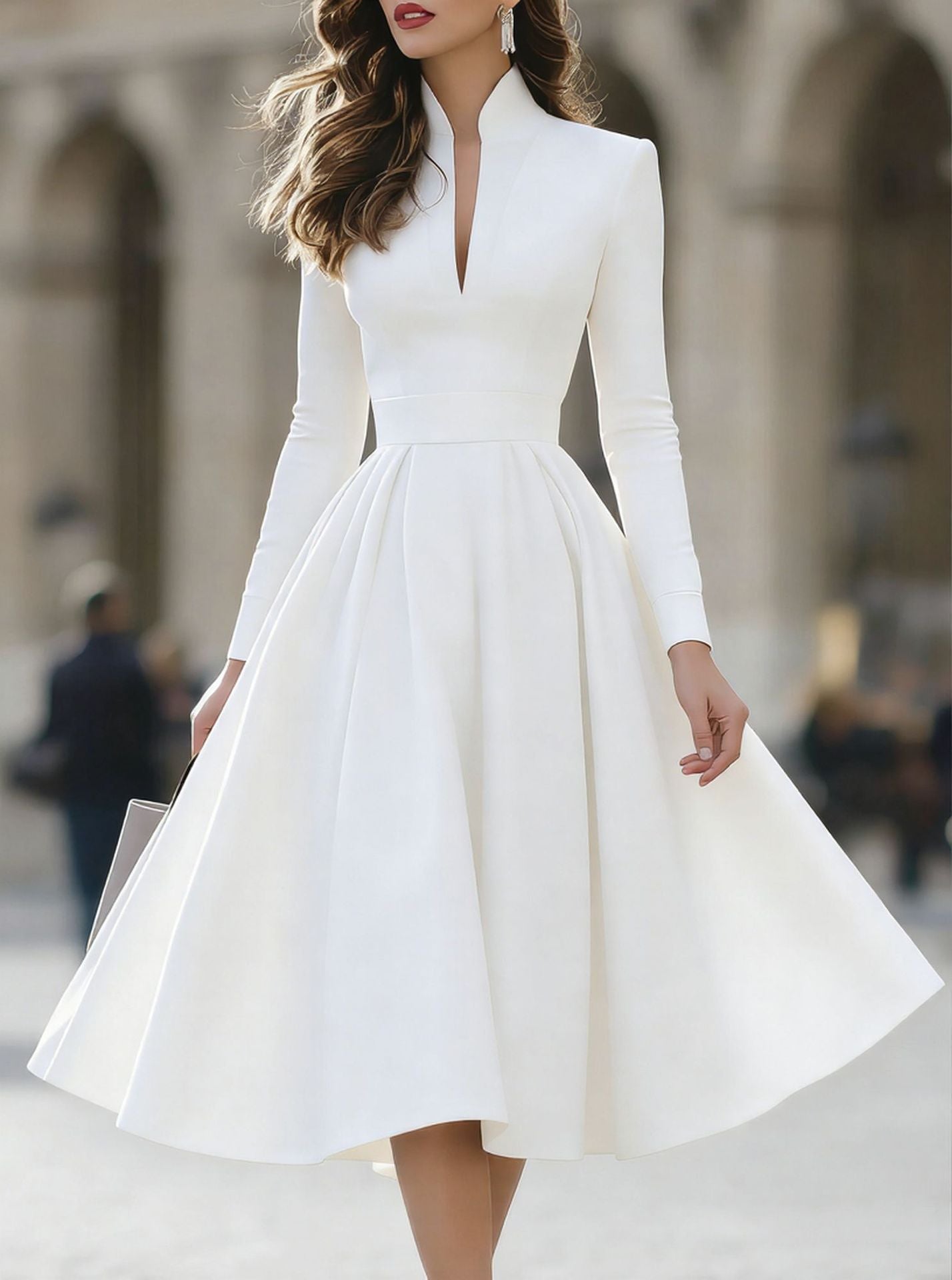 Vestido Ajustado de Manga Larga con Escote en V y Cinturón
