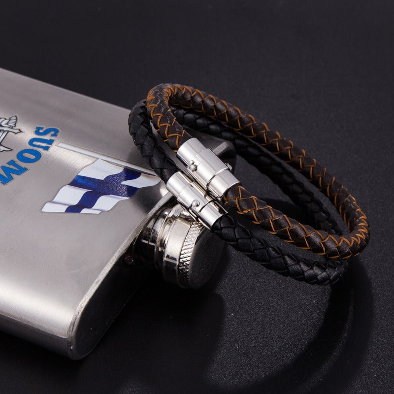 Pulsera de Cuero Trenzado para Hombre - Acero Inoxidable