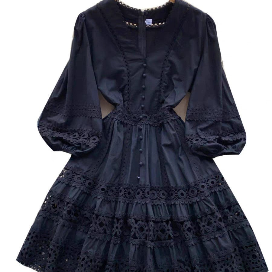 Vestido elegante manga larga escote en V con encaje y silueta acampanada