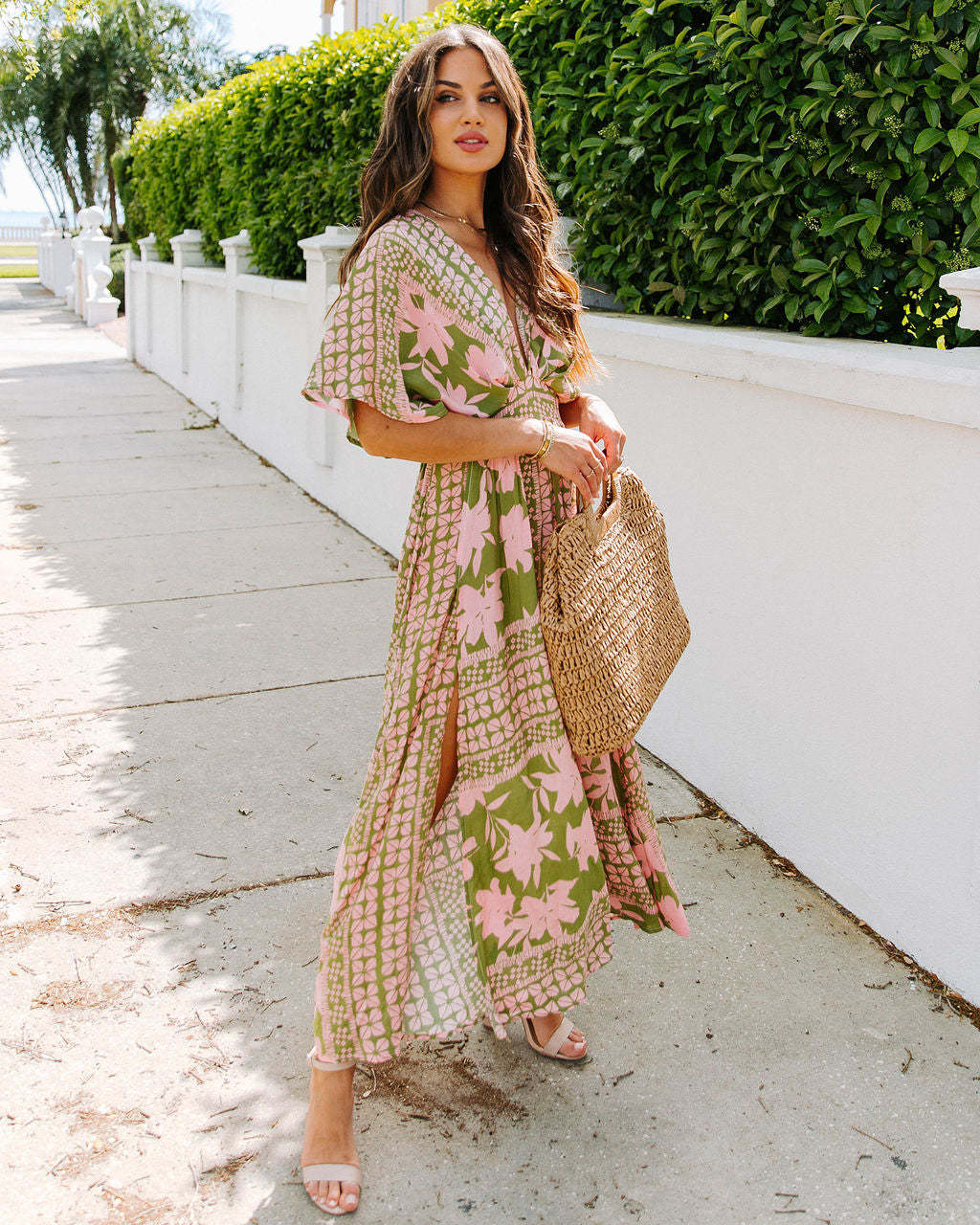 Vestido Largo Estampado con Abertura y Talle Alto para Mujer