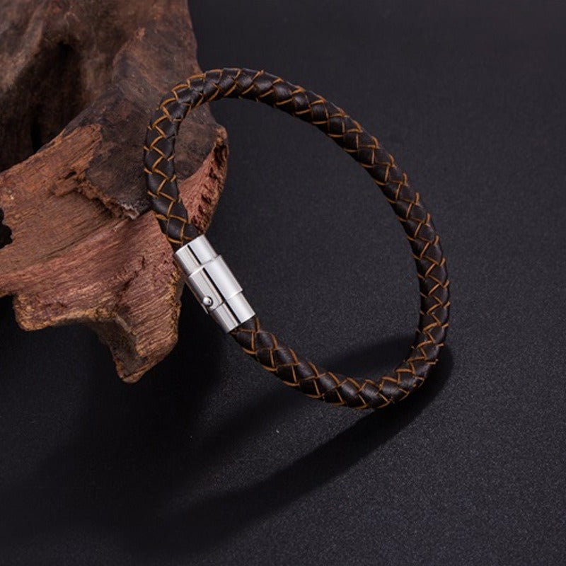 Pulsera de Cuero Trenzado para Hombre - Acero Inoxidable