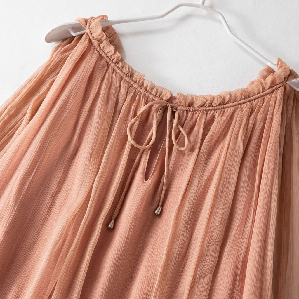 Ruffled Silk Long Sleeve Dress, Youthful Cinnamon Pink Beach Vacation Mulberry Silk Sarong Dress