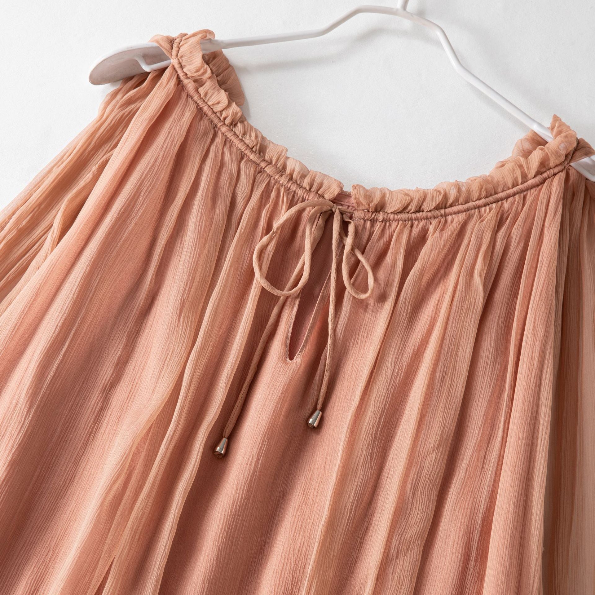 Ruffled Silk Long Sleeve Dress, Youthful Cinnamon Pink Beach Vacation Mulberry Silk Sarong Dress