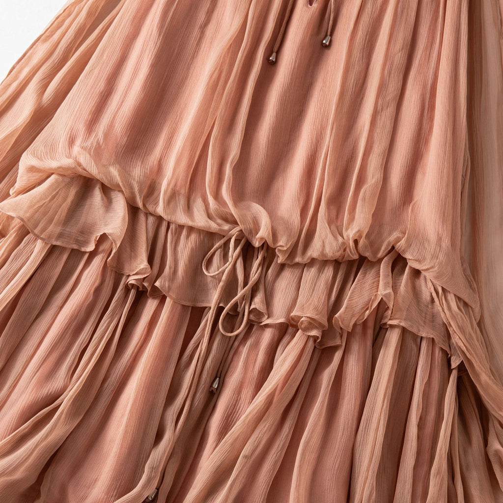 Ruffled Silk Long Sleeve Dress, Youthful Cinnamon Pink Beach Vacation Mulberry Silk Sarong Dress