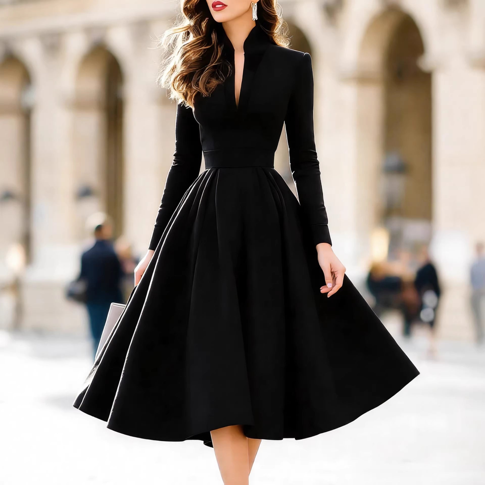 Vestido Ajustado de Manga Larga con Escote en V y Cinturón