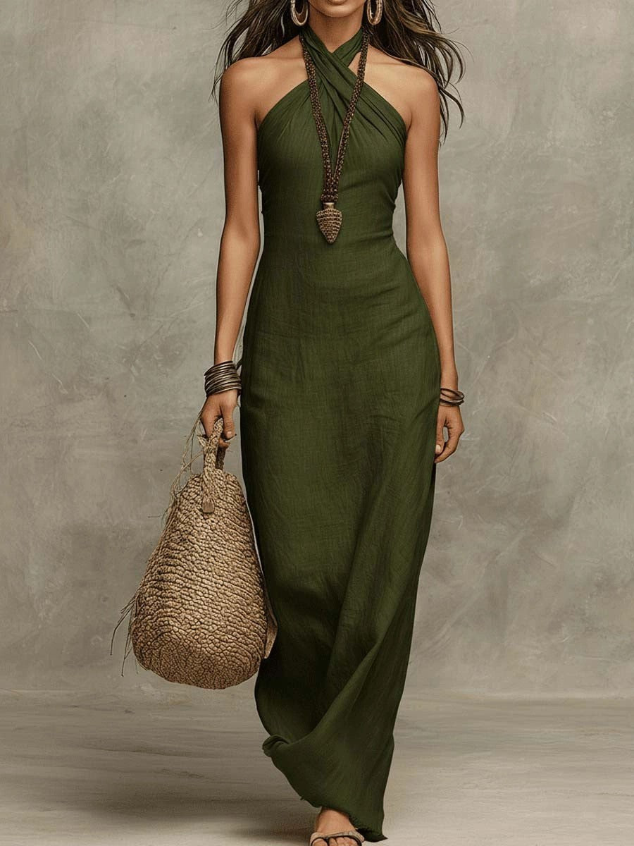 Vestido Largo Sin Mangas con Cuello Halter y Talle Alto