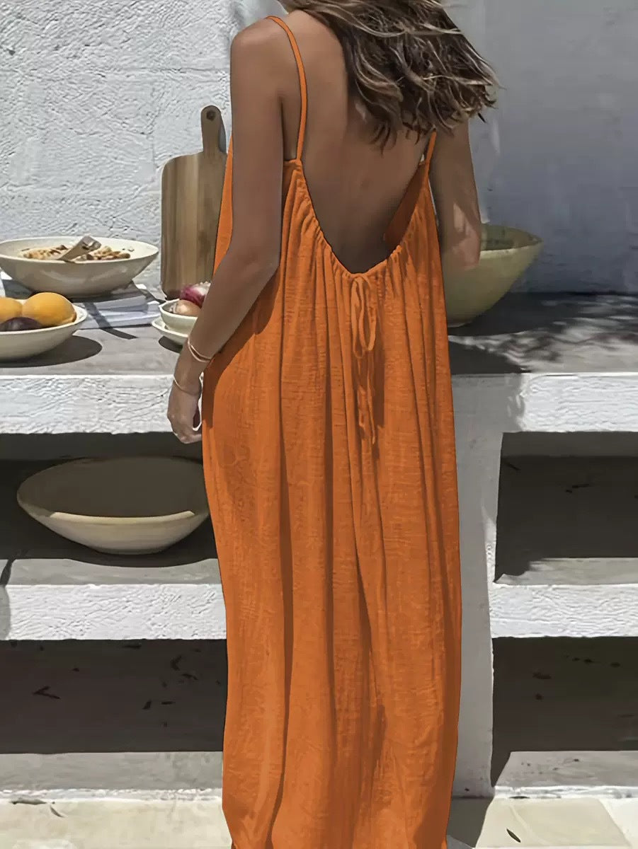Vestido Largo Suelto Sin Mangas con Tirantes y Espalda Descubierta