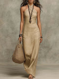 Vestido Largo Sin Mangas con Cuello Halter y Talle Alto