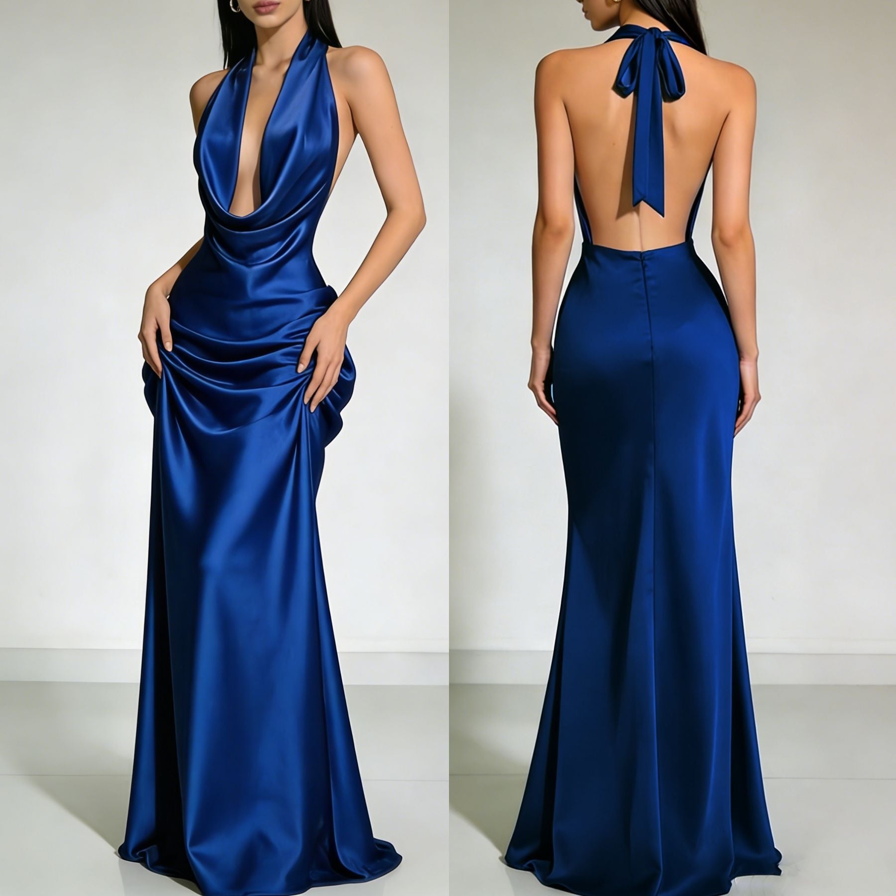 Vestido largo de noche en satén sin tirantes y espalda descubierta