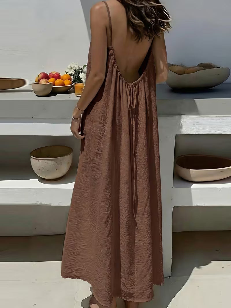 Vestido Largo Suelto Sin Mangas con Tirantes y Espalda Descubierta