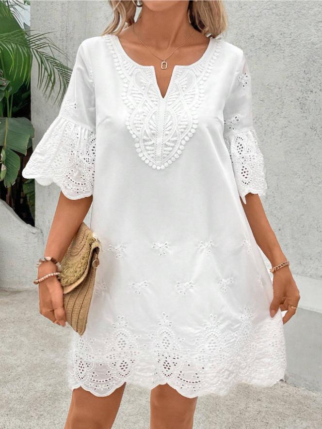 Vestido de mujer con bordado calado, color sólido y manga 3/4