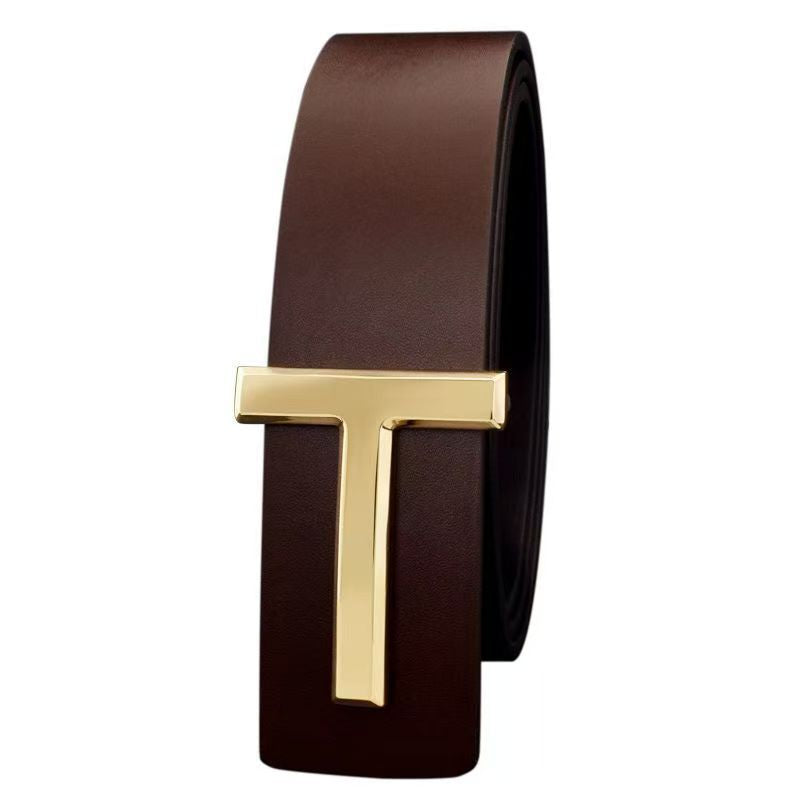 Cinturón de Cuero Genuino para Hombre - Hebilla Lisa Tipo T