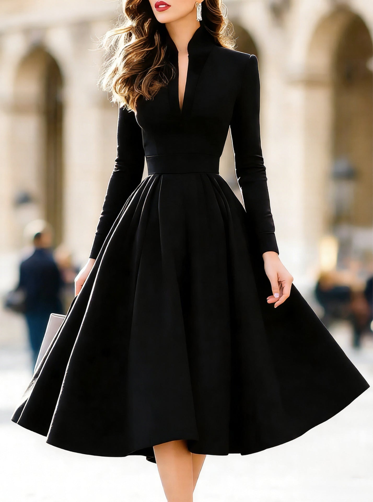 Vestido Ajustado de Manga Larga con Escote en V y Cinturón