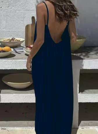 Vestido Largo Suelto Sin Mangas con Tirantes y Espalda Descubierta