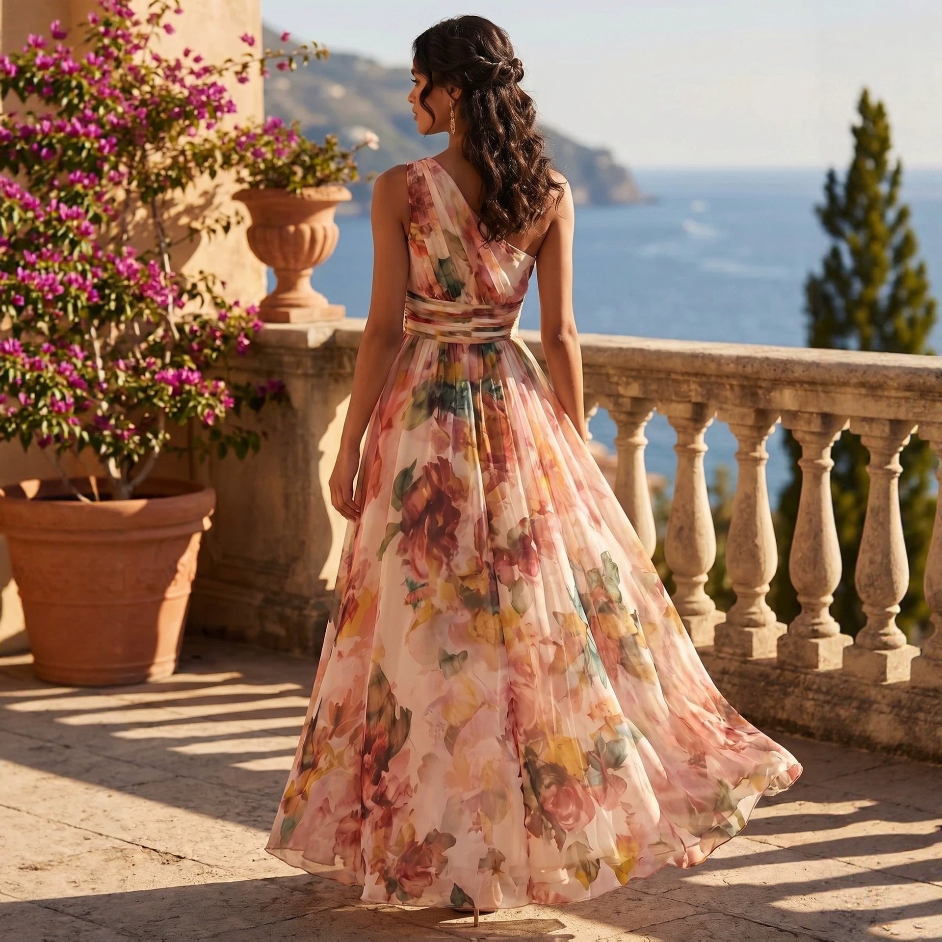 Vestido largo de playa con hombro descubierto y cintura ceñida