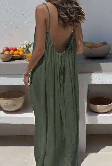 Vestido Largo Suelto Sin Mangas con Tirantes y Espalda Descubierta