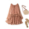 Ruffled Silk Long Sleeve Dress, Youthful Cinnamon Pink Beach Vacation Mulberry Silk Sarong Dress