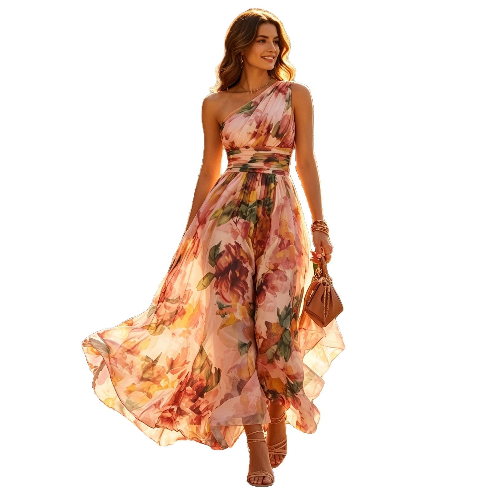 Vestido largo de playa con hombro descubierto y cintura ceñida