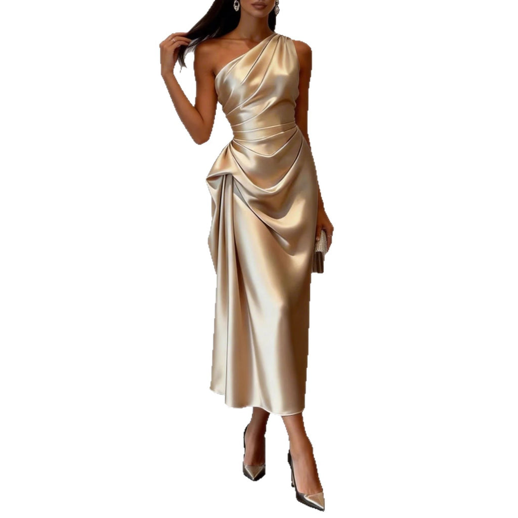 Vestido Midi Elegante de Satén Elástico Sin Mangas con Hombro Asimétrico y Talle Alto