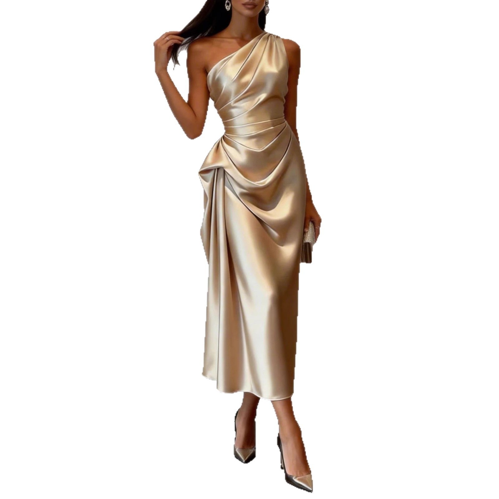 Vestido Midi Elegante de Satén Elástico Sin Mangas con Hombro Asimétrico y Talle Alto