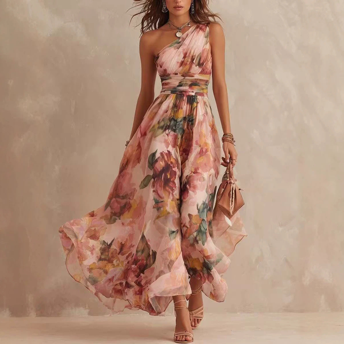 Vestido largo de playa con hombro descubierto y cintura ceñida