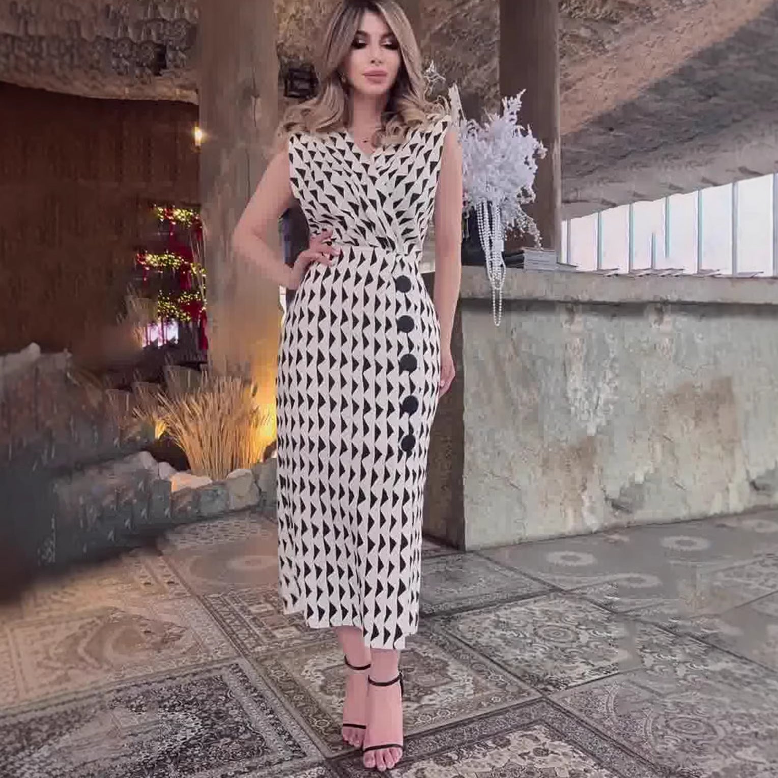 Vestido largo casual escote en V - Estilo retro elegante
