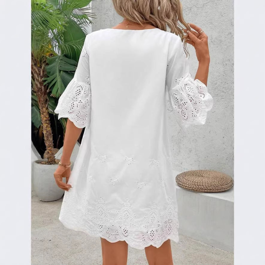 Vestido de mujer con bordado calado, color sólido y manga 3/4