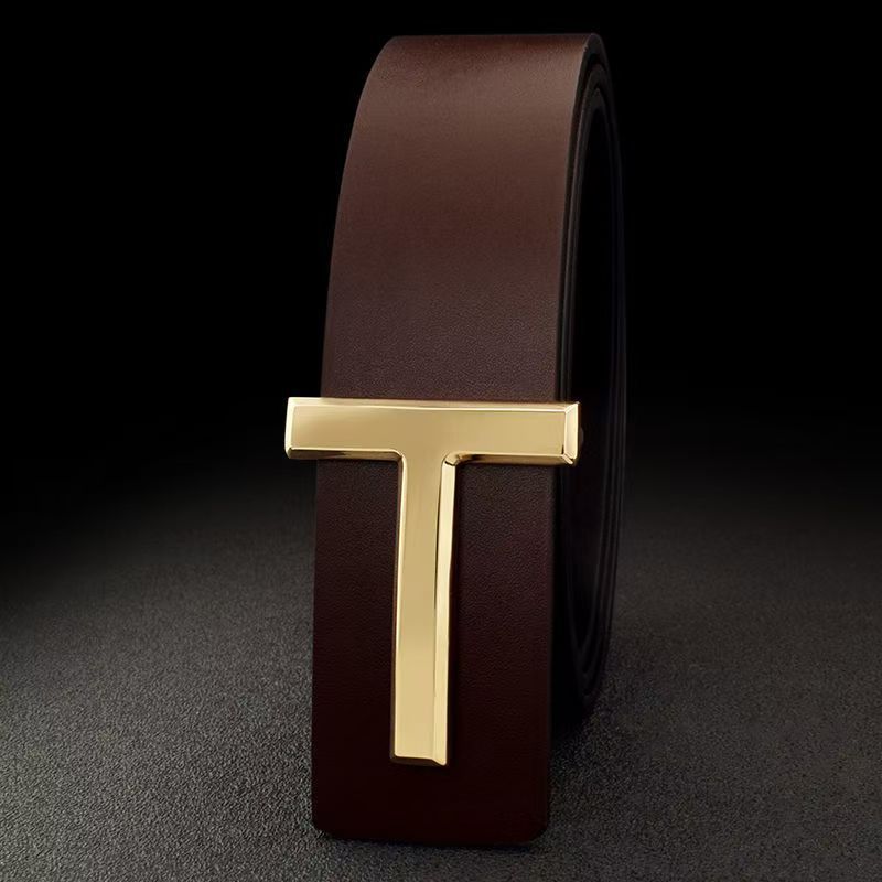 Cinturón de Cuero Genuino para Hombre - Hebilla Lisa Tipo T