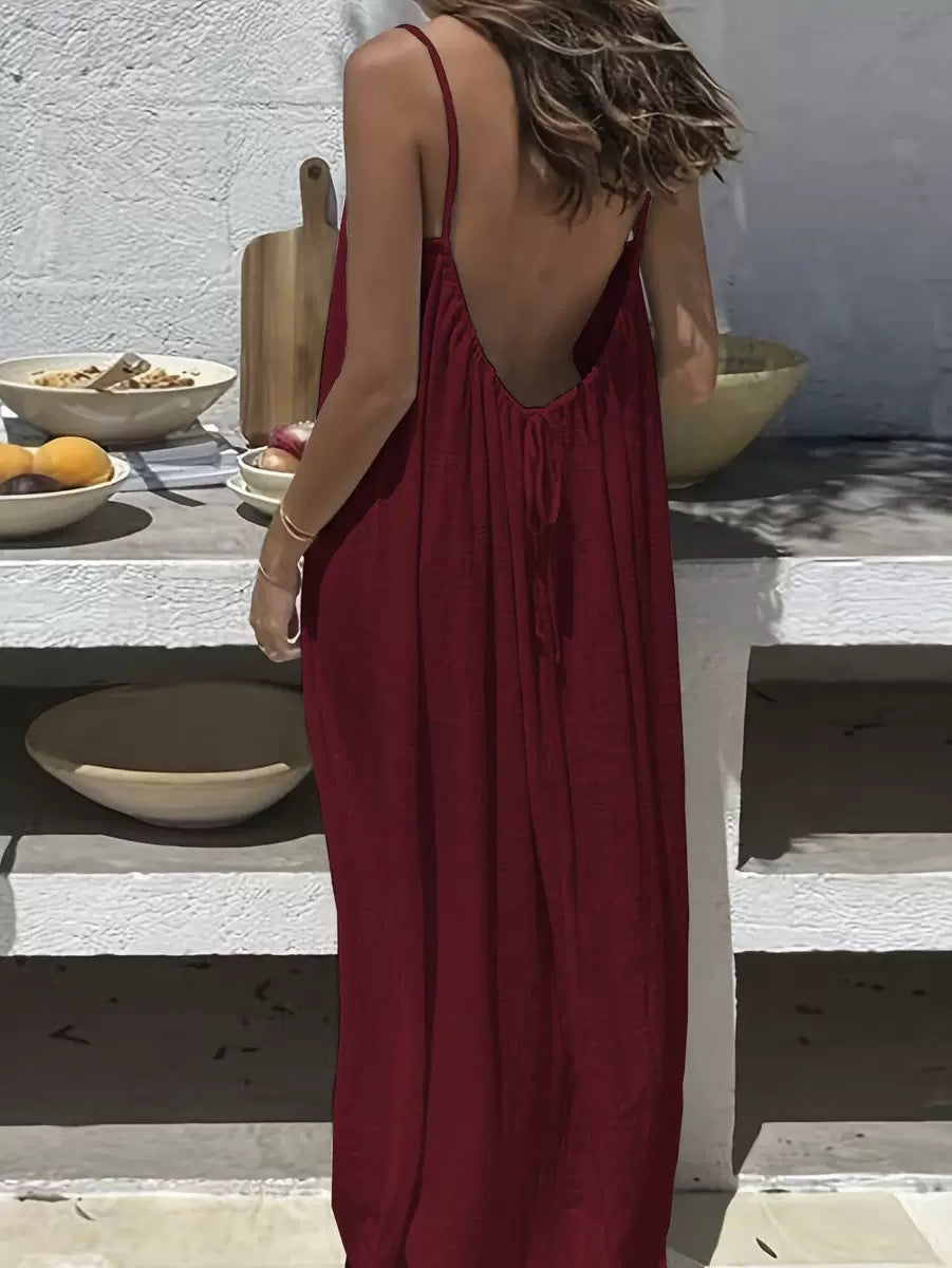 Vestido Largo Suelto Sin Mangas con Tirantes y Espalda Descubierta