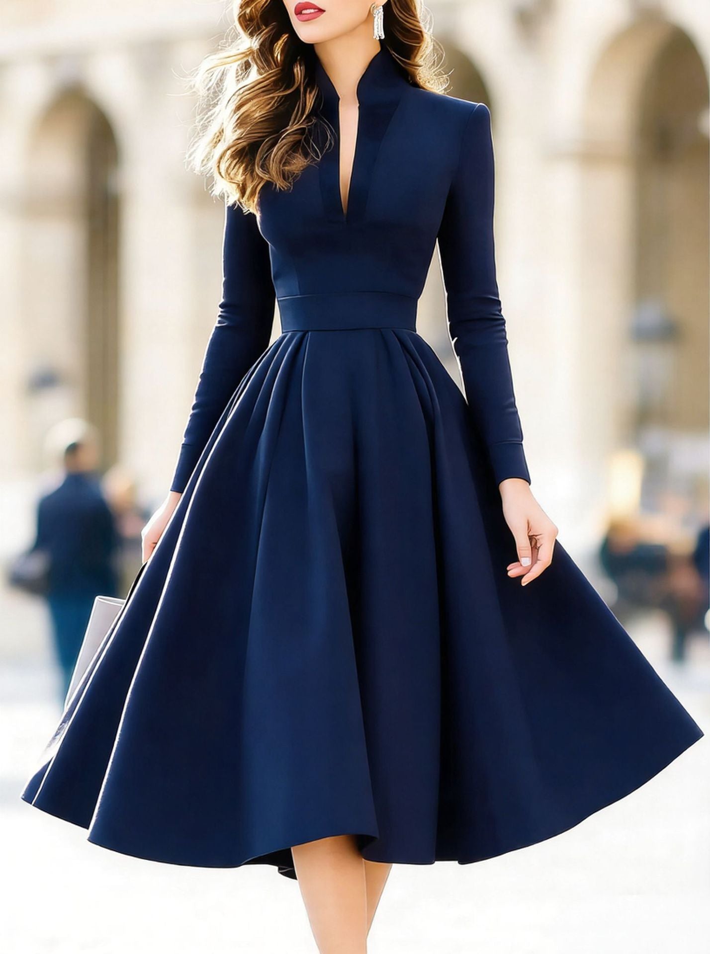Vestido Ajustado de Manga Larga con Escote en V y Cinturón