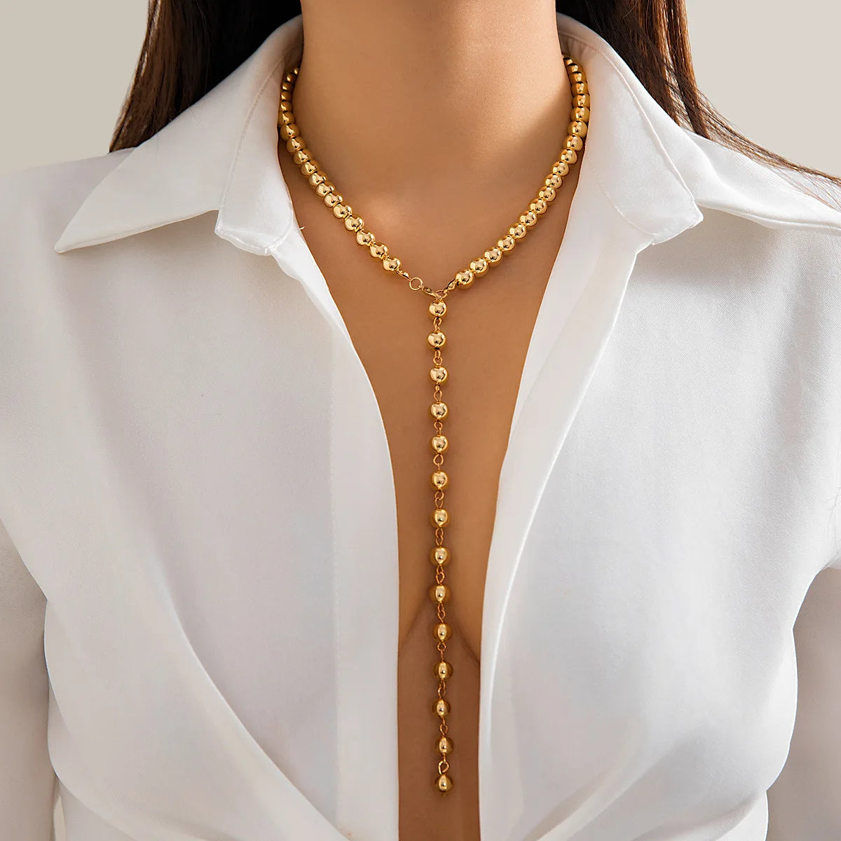 Collar Largo Dorado de Perlas Retro para Mujer