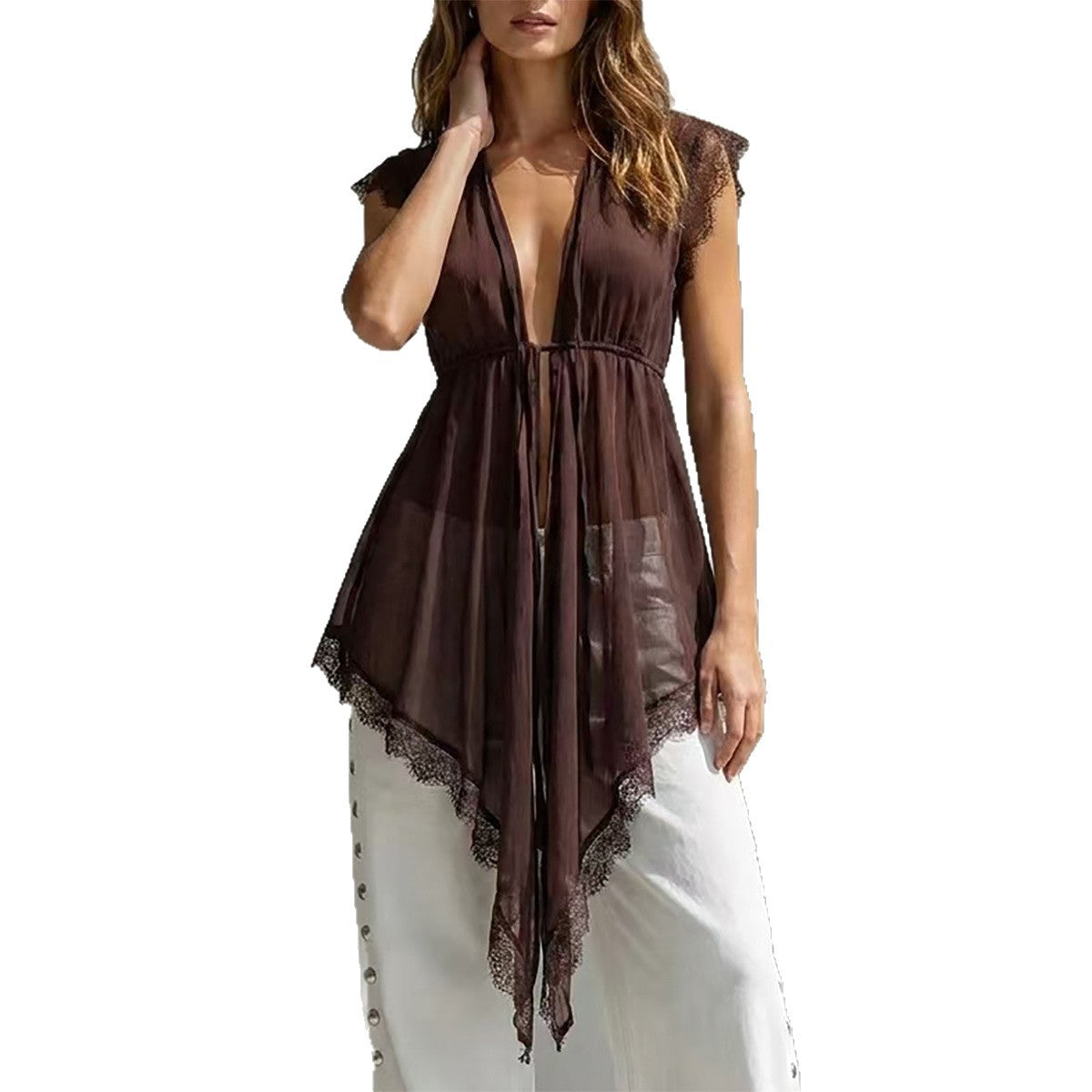 Lace patchwork lace up waist cinching see through top