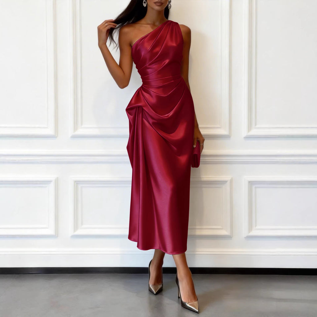 Vestido Midi Elegante de Satén Elástico Sin Mangas con Hombro Asimétrico y Talle Alto