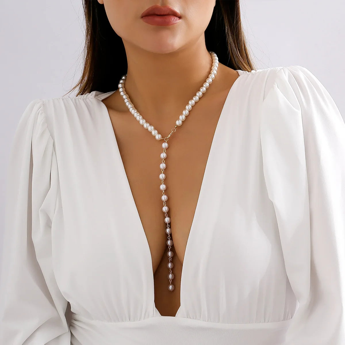 Collar Largo Dorado de Perlas Retro para Mujer