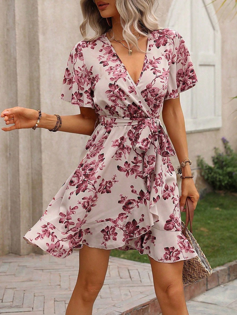 Vestido Mini de Manga Corta con Escote en V y Estampado de Lunares