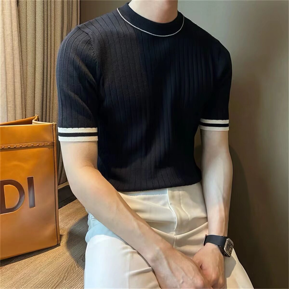 Camiseta de punto cuello redondo para hombre - Manga corta color sólido
