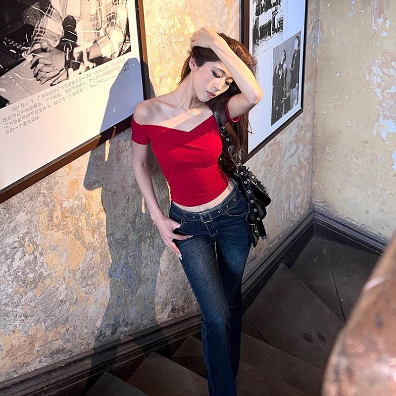 Crop Top Rojo con Escote en V Profundo para Mujer