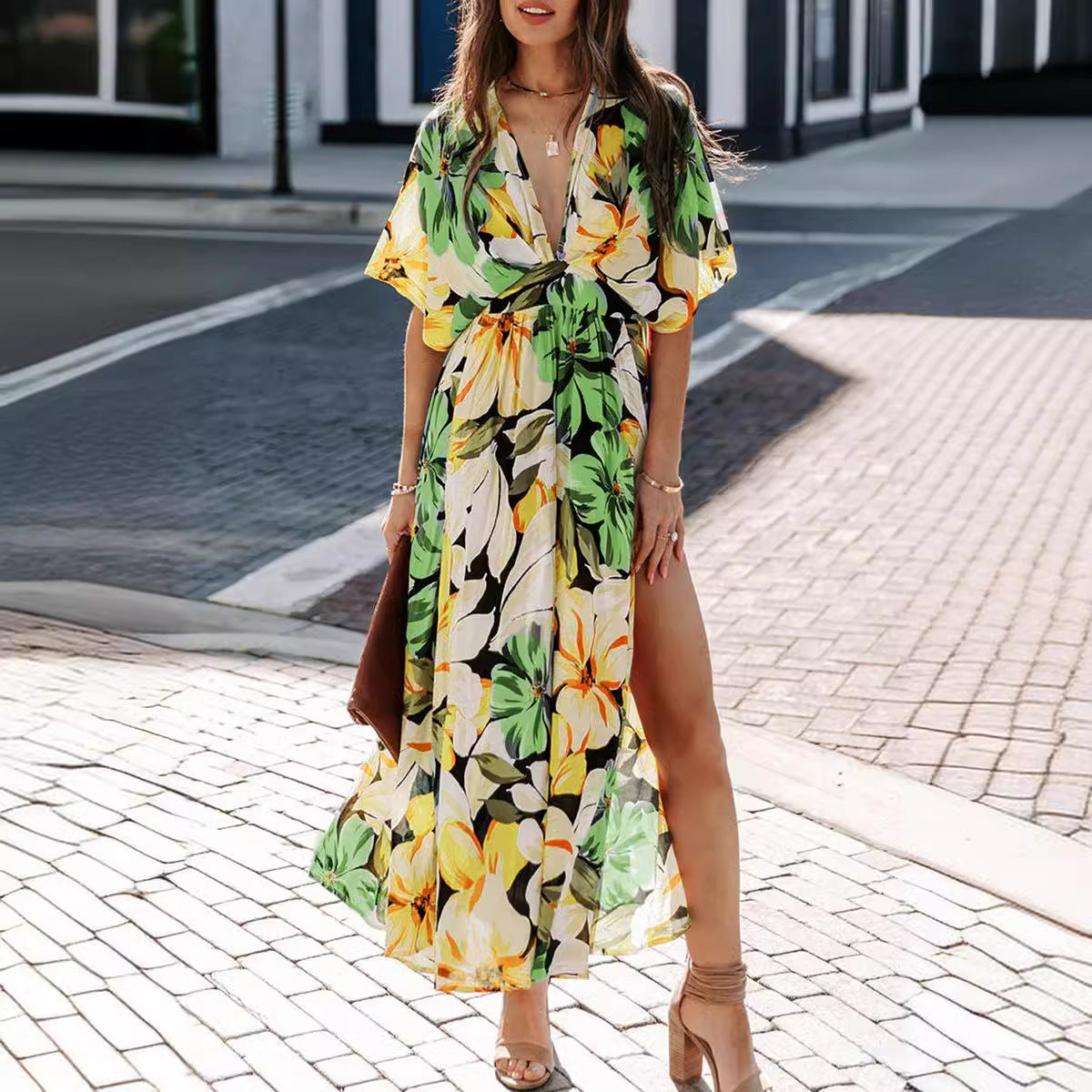 Vestido Largo Estampado con Abertura y Talle Alto para Mujer