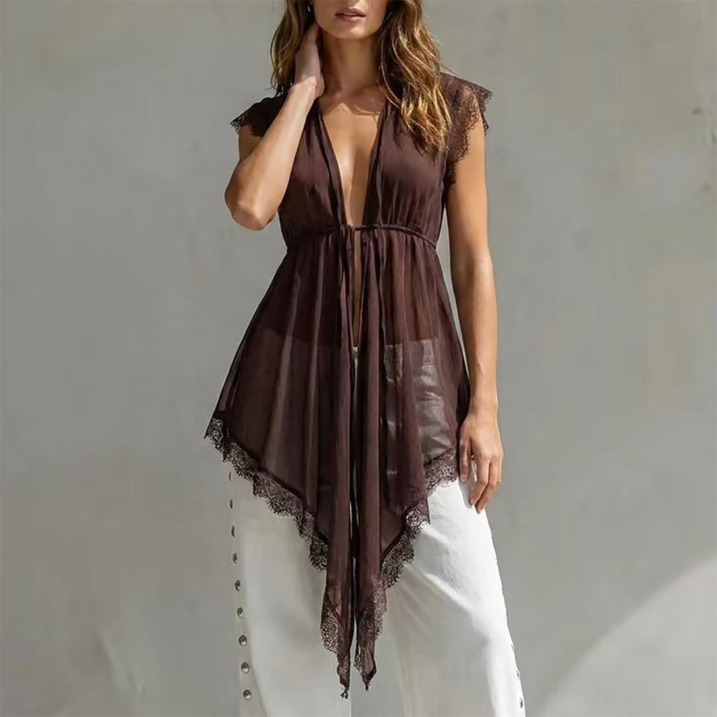 Lace patchwork lace up waist cinching see through top