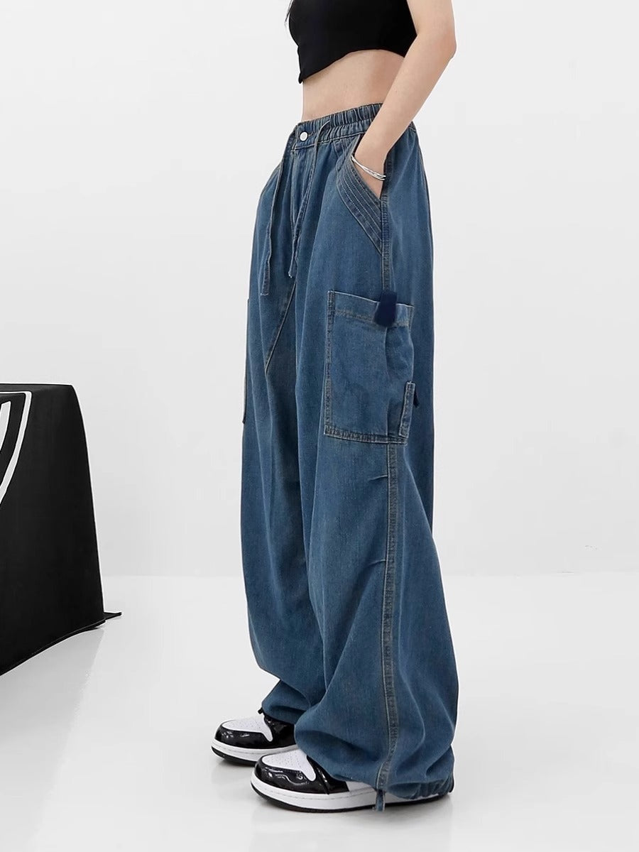 Jean Azul de Pierna Ancha con Cintura Elástica para Mujer