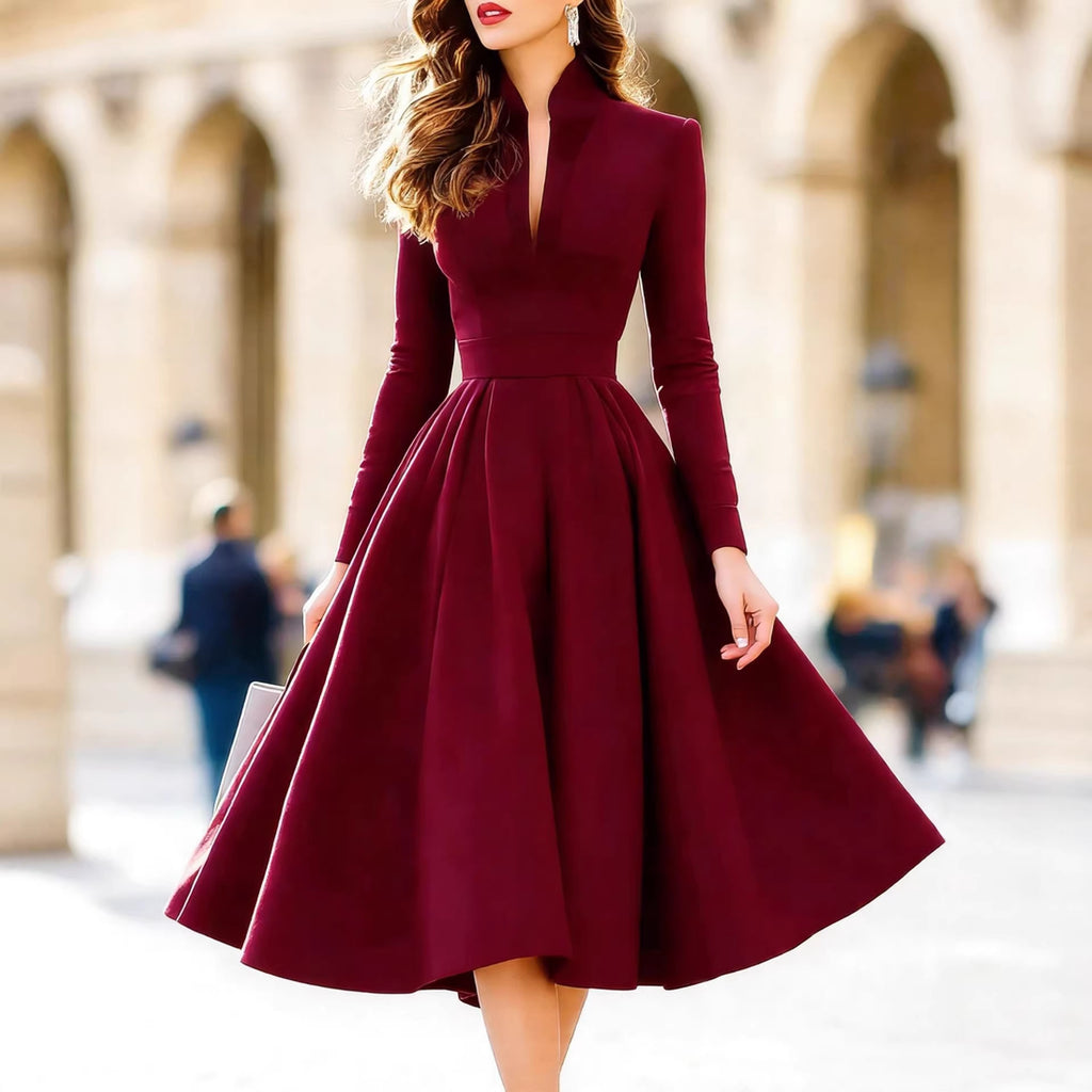 Vestido Ajustado de Manga Larga con Escote en V y Cinturón