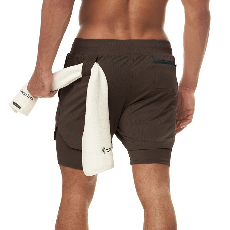 Muscle-Burning Athletic Shorts for Men, Double-Layer Color-Blocked Towel Hook Design, Breathable Solid Color Shorts