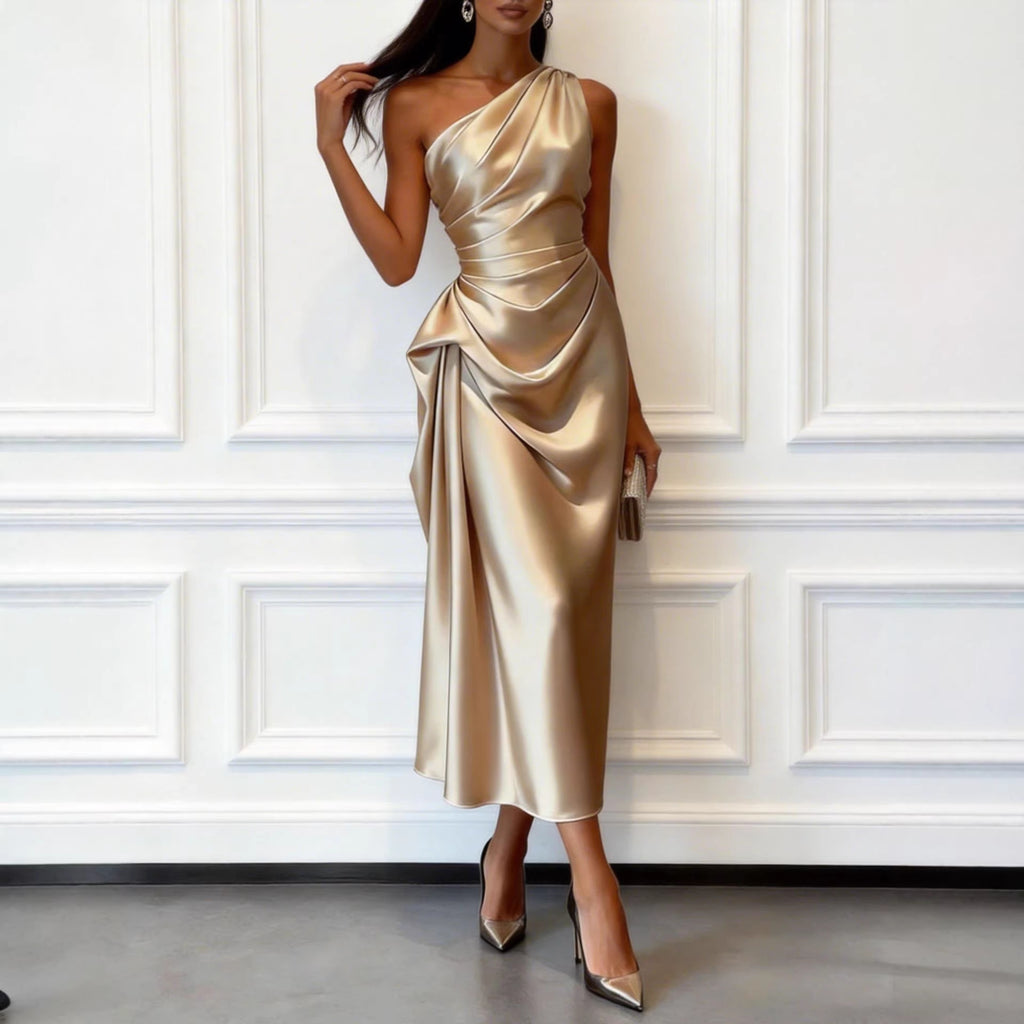 Vestido Midi Elegante de Satén Elástico Sin Mangas con Hombro Asimétrico y Talle Alto