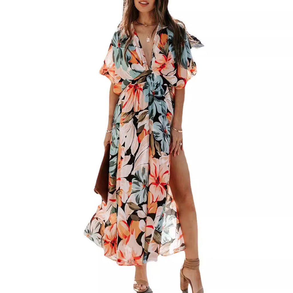 Vestido Largo Estampado con Abertura y Talle Alto para Mujer