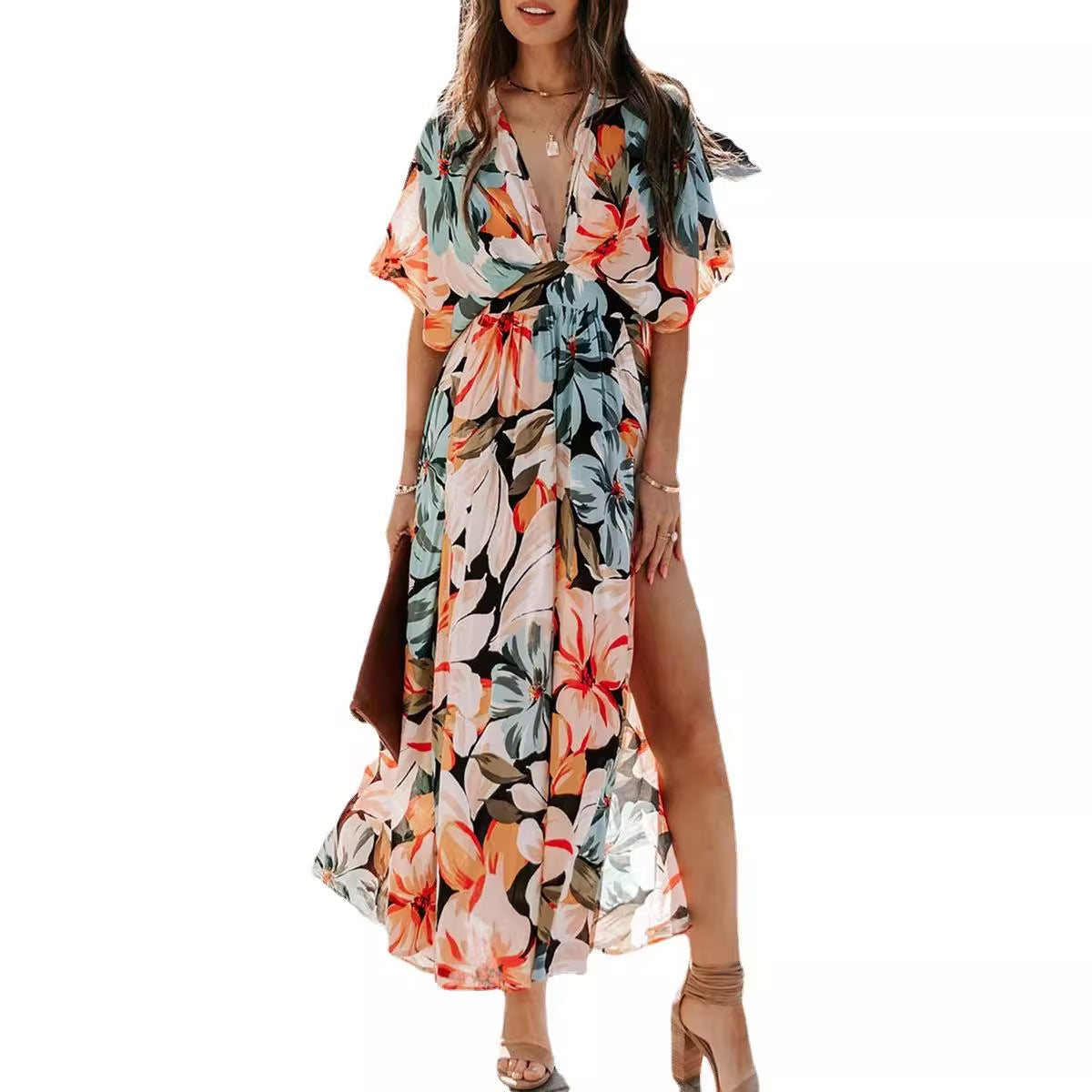 Vestido Largo Estampado con Abertura y Talle Alto para Mujer