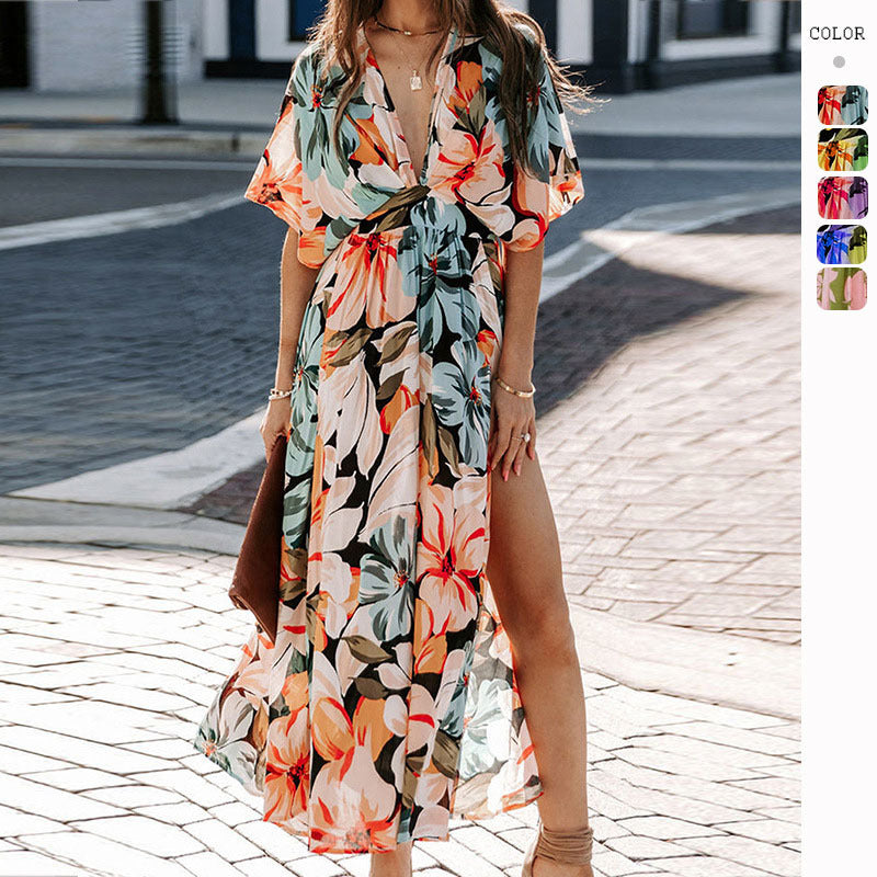 Vestido Largo Estampado con Abertura y Talle Alto para Mujer